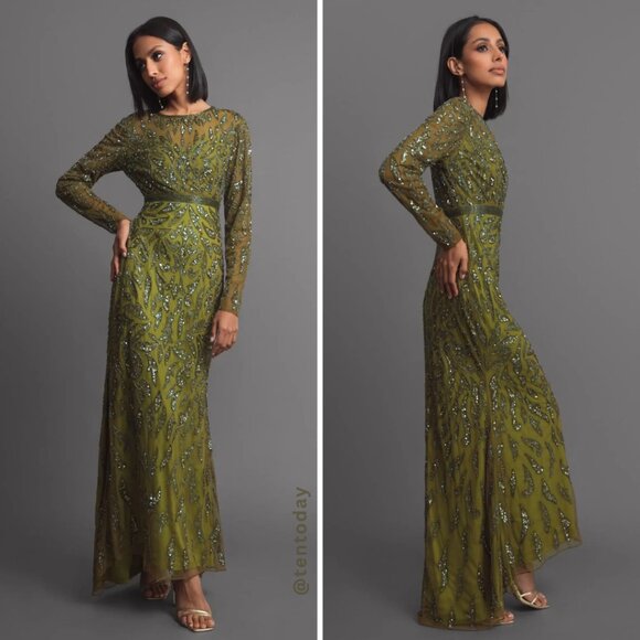 Mac Duggal 5124 Size 6 Olive Green Beaded Long Sleeve Evening Gown‎ Maxi Dress - Picture 3 of 6